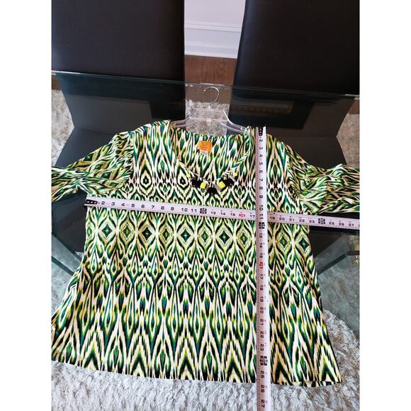 Ruby Rd. Blouse Top Womens 2X Green Printed Beaded V Neck Long Sleeve Pullover - Picture 8 of 12